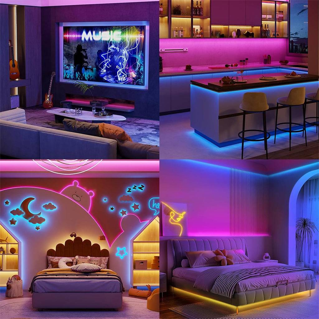 RGBIC LED Strip Lights enhancing living room, kitchen, and bedroom decor with vibrant, customizable lighting for modern interiors.