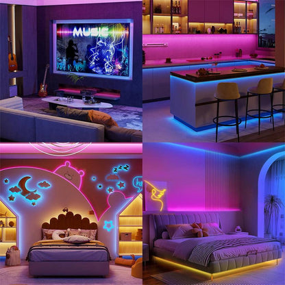 RGBIC LED Strip Lights enhancing living room, kitchen, and bedroom decor with vibrant, customizable lighting for modern interiors.