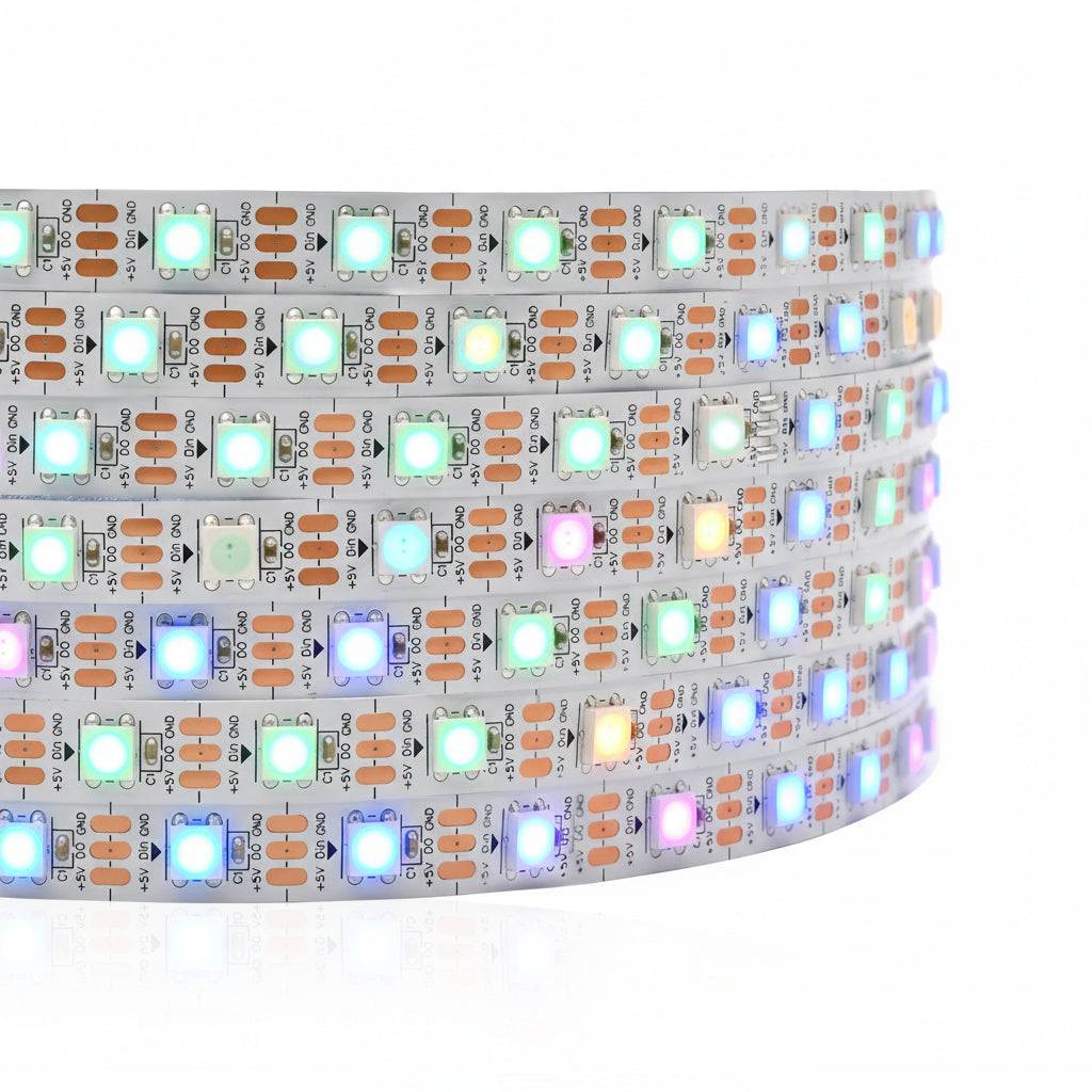 Close-up of RGBIC LED strip showing high-density multicolor LEDs for dynamic lighting effects in home and gaming setups.