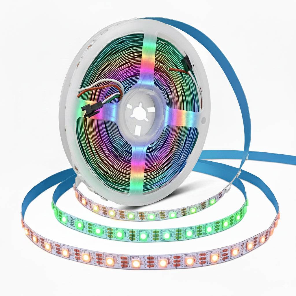 5m RGBIC LED Strip Lights 5V with Smart Controller Adaptor unrolled to show vibrant multicolor lighting for home decor and ambient effects.