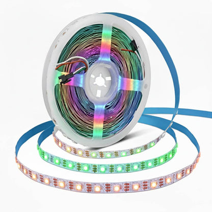 5m RGBIC LED Strip Lights 5V with Smart Controller Adaptor unrolled to show vibrant multicolor lighting for home decor and ambient effects.