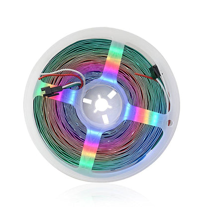 Coiled 5m RGBIC LED Strip Lights 5V with Smart Controller Adaptor displaying vivid rainbow lighting ideal for decorative home installations.