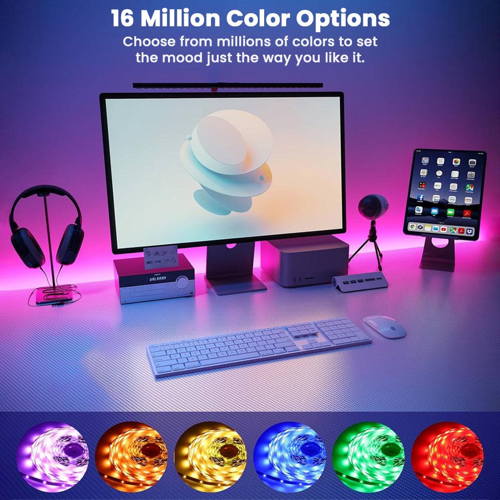 Smart RGBIC LED Strip Lights with 16 million color options illuminating a desktop setup, perfect for mood lighting and workspace aesthetics.