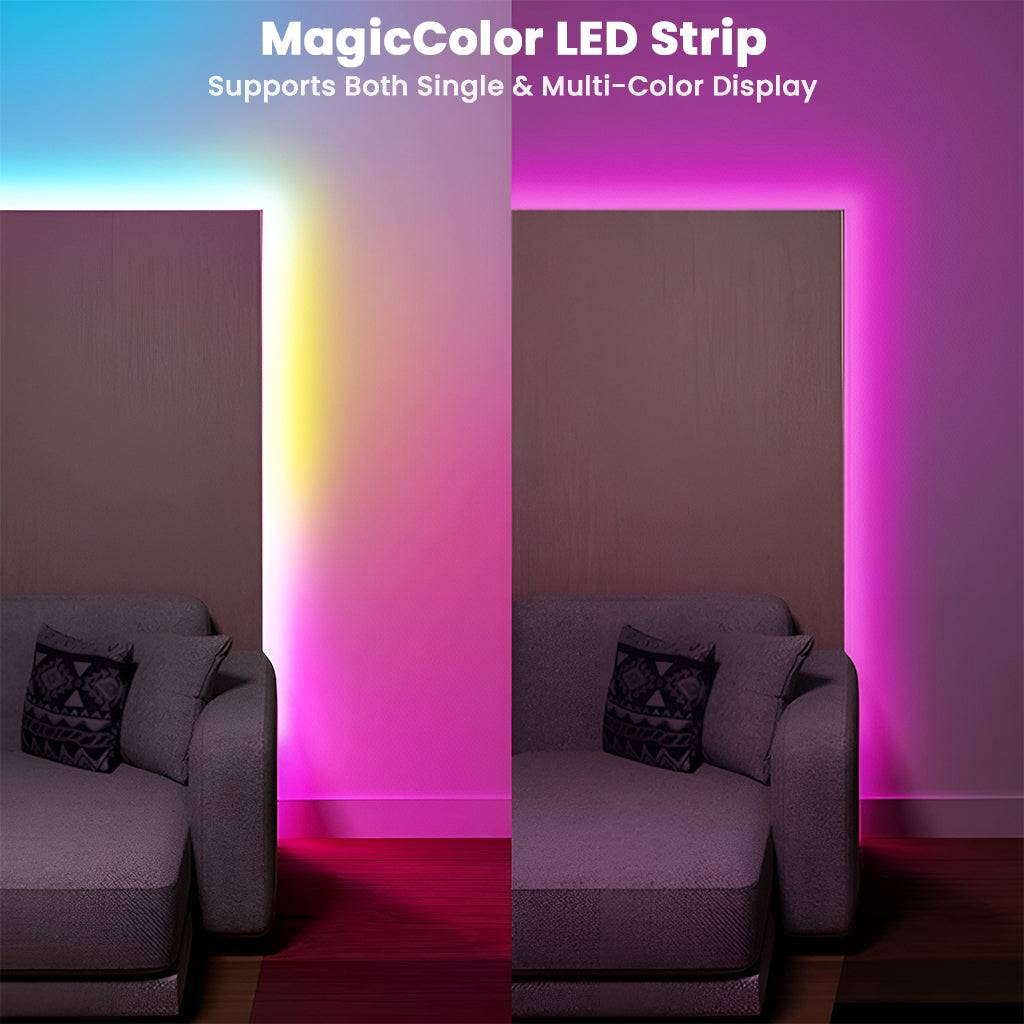 MagicColor RGBIC LED Strip Lights supporting single and multi-color display for enhanced wall lighting and room customization.