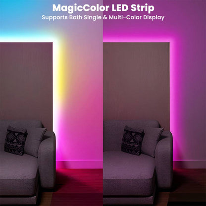 MagicColor RGBIC LED Strip Lights supporting single and multi-color display for enhanced wall lighting and room customization.