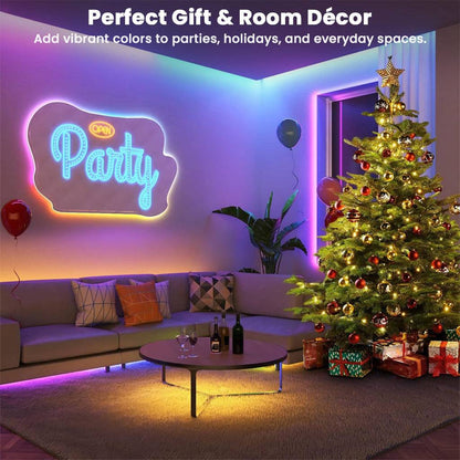 RGBIC LED Strip Lights used for festive room decor around a Christmas tree and party setup, ideal for gifts and celebrations.