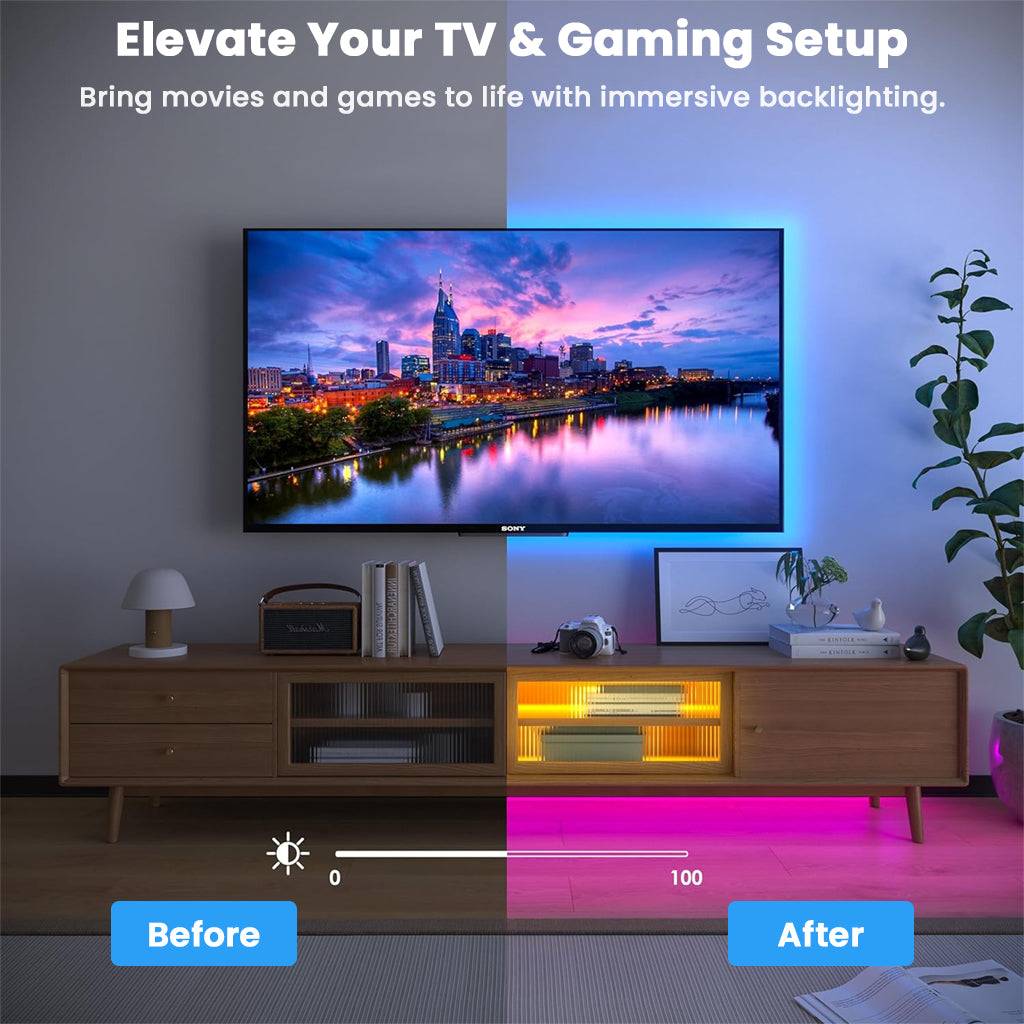 TV and gaming setup transformed with RGBIC LED Strip Lights, providing immersive backlighting for enhanced entertainment experience.