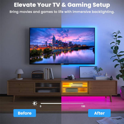 TV and gaming setup transformed with RGBIC LED Strip Lights, providing immersive backlighting for enhanced entertainment experience.