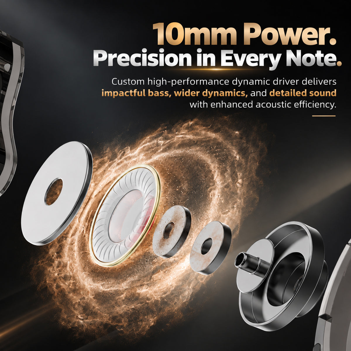 Product packaging featuring a large image of the in-ear monitors with gold accents, highlighting 10mm dynamic driver and high-fidelity sound.