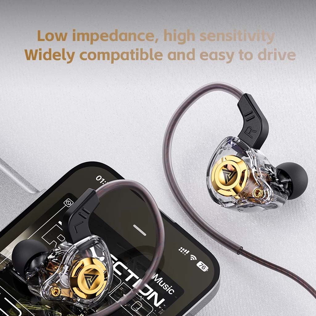 QKZ-AK6 IEMs connected to smartphone, highlighting low impedance, high sensitivity, and wide device compatibility.