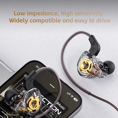 QKZ-AK6 IEMs connected to smartphone, highlighting low impedance, high sensitivity, and wide device compatibility.