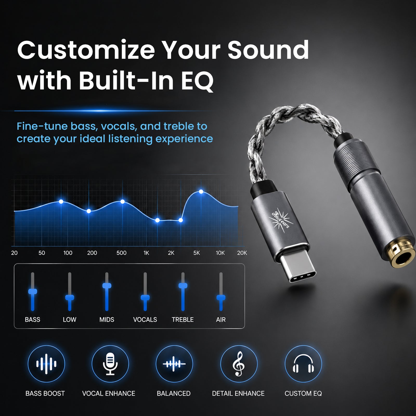 Close-up of the Kiwi Ears AD1 Pro portable headphone DAC and amplifier with built-in EQ, showing controls for bass, vocals, treble, and more