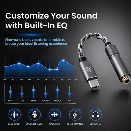 Close-up of the Kiwi Ears AD1 Pro portable headphone DAC and amplifier with built-in EQ, showing controls for bass, vocals, treble, and more