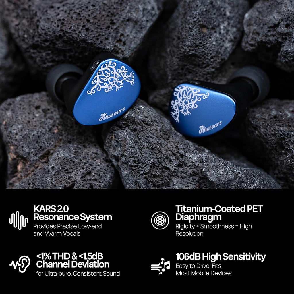 Blue Kiwi Ears Cadenza II in-ear monitors on rocks with product features icons