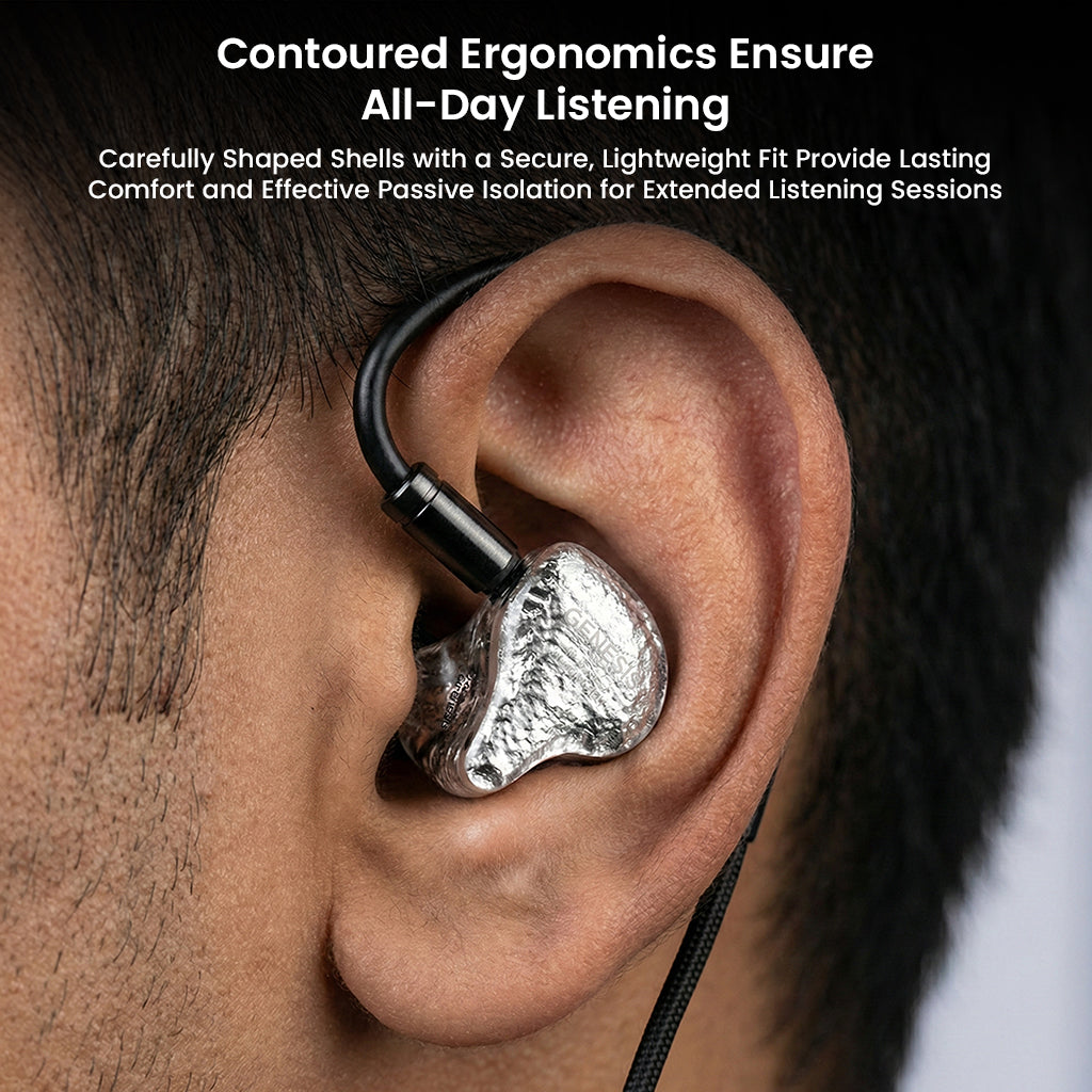 GENESIS G318s IEMs worn in ear, showing contoured ergonomic design for secure fit, passive isolation, and all-day listening comfort.
