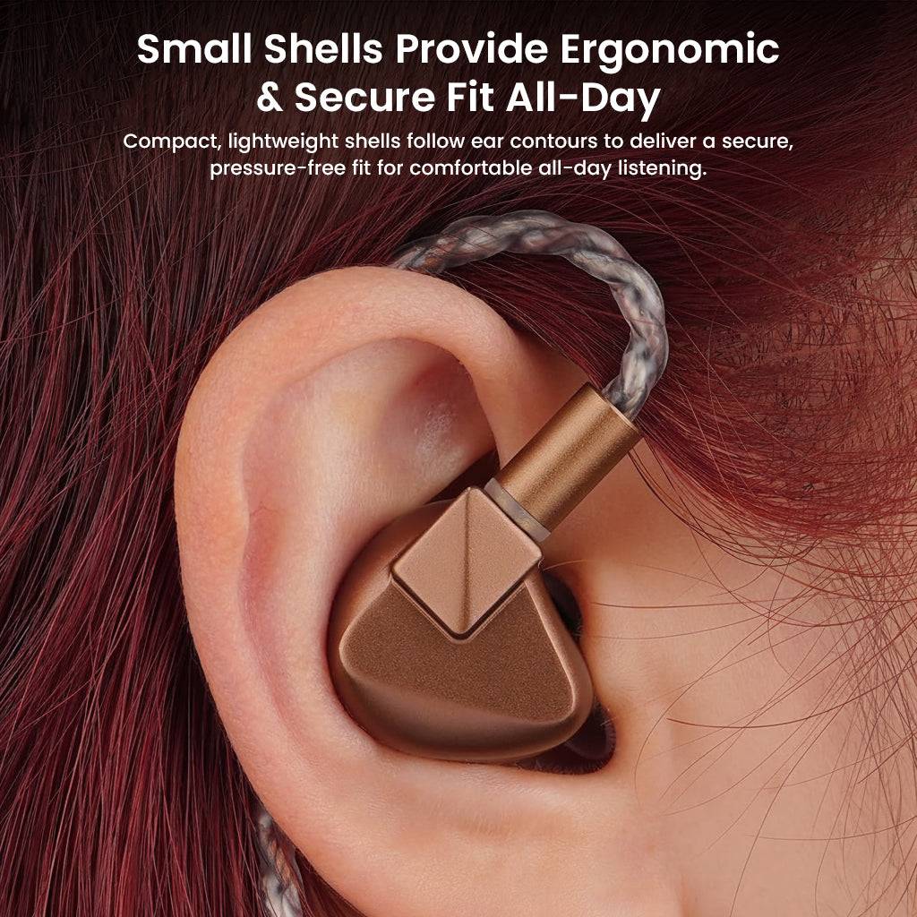 LETSHUOER S12 Ultra brown IEM worn in ear, showing ergonomic shell design for secure and pressure-free all-day listening.