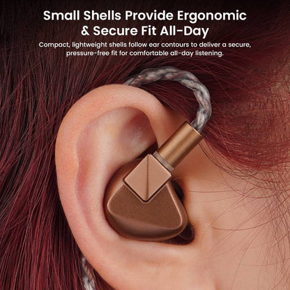 LETSHUOER S12 Ultra brown IEM worn in ear, showing ergonomic shell design for secure and pressure-free all-day listening.