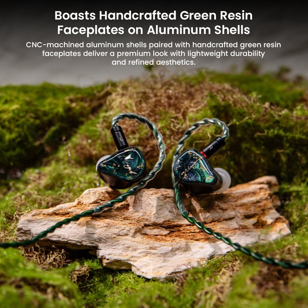 XENNS - Mangird Tea Pro SE IEMs with CNC-machined aluminum shells and handcrafted green resin faceplates for premium aesthetics.