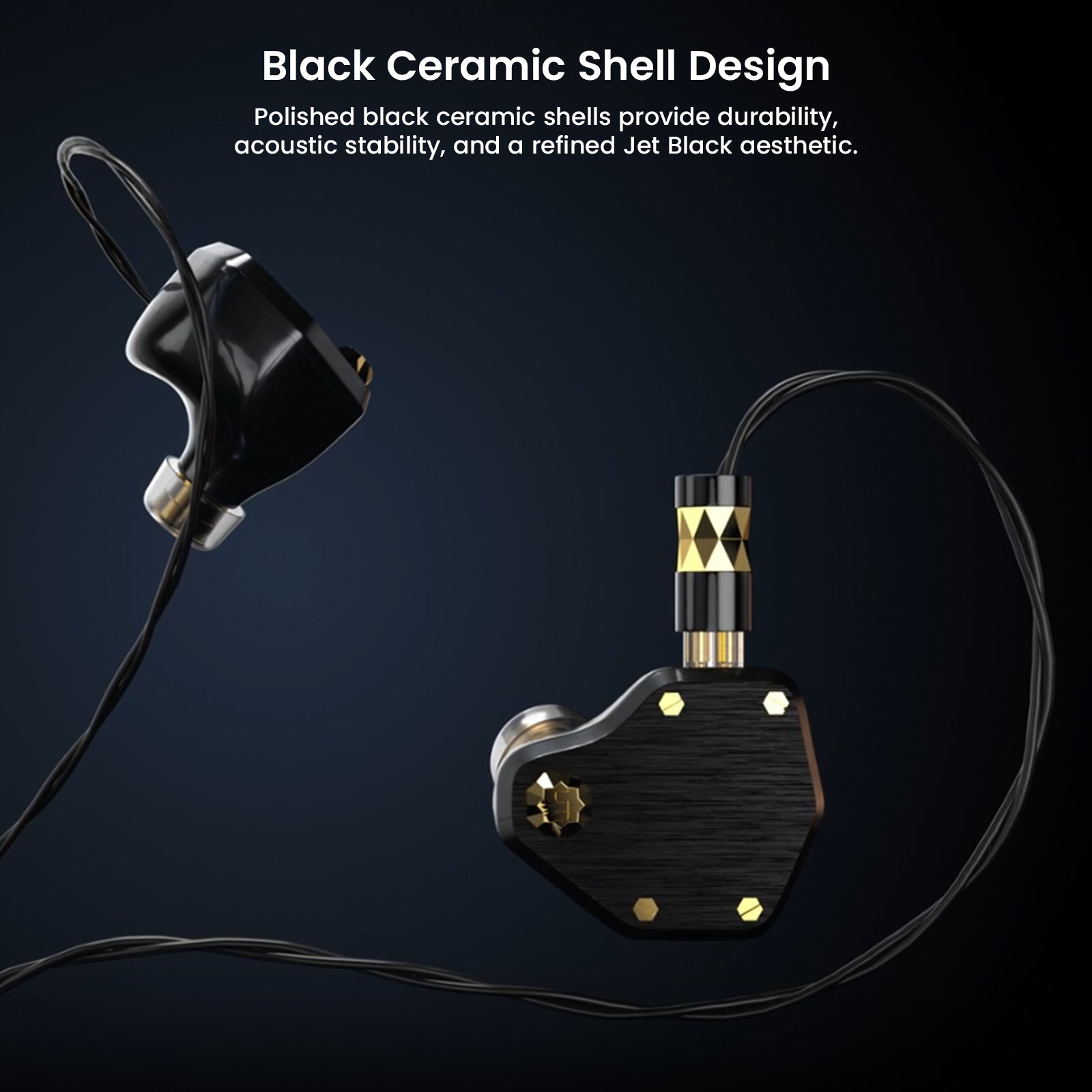 Black ceramic shell in-ear monitor with gold accents