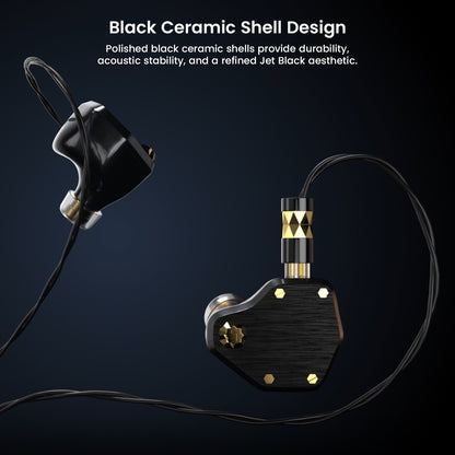 Black ceramic shell in-ear monitor with gold accents