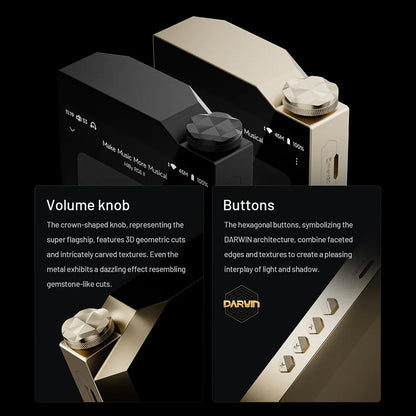HiBy RS8II volume knob and hexagonal buttons with gemstone-like textures, enhancing user interface and design.