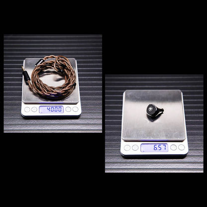 Weight of 7HZ x Crinacle Diablo IEM and cable shown on digital scale, indicating lightweight design for portable use.
