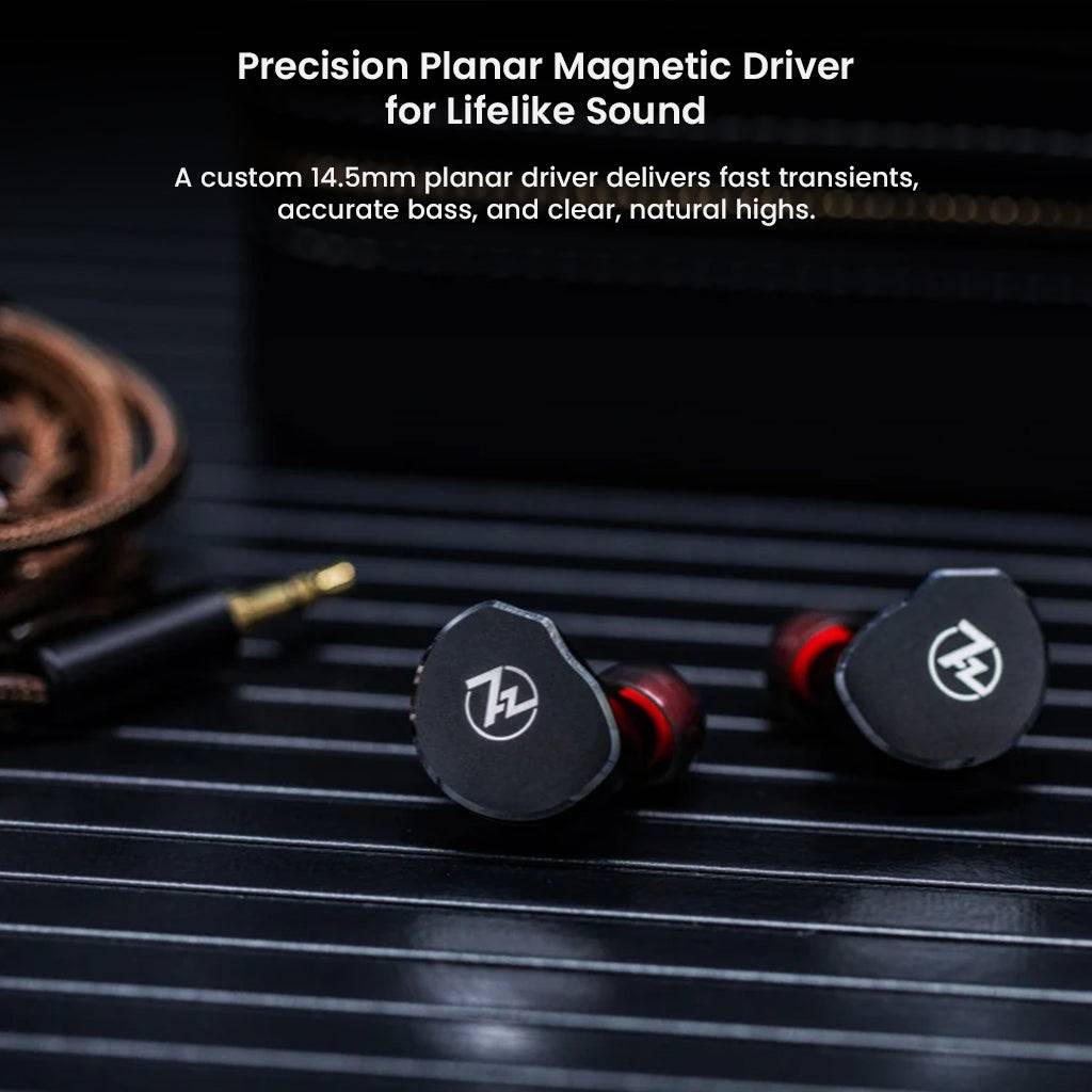 7HZ x Crinacle Diablo IEMs on table with text overlay describing 14.5mm planar magnetic driver for lifelike sound reproduction.