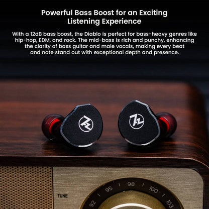 7HZ x Crinacle Diablo IEMs on wooden surface with text highlighting 12dB bass boost for enhanced low-end performance in music.