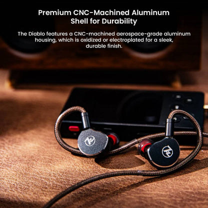 7HZ x Crinacle Diablo IEMs with braided cable and audio player, emphasizing CNC-machined aluminum shell for durability.