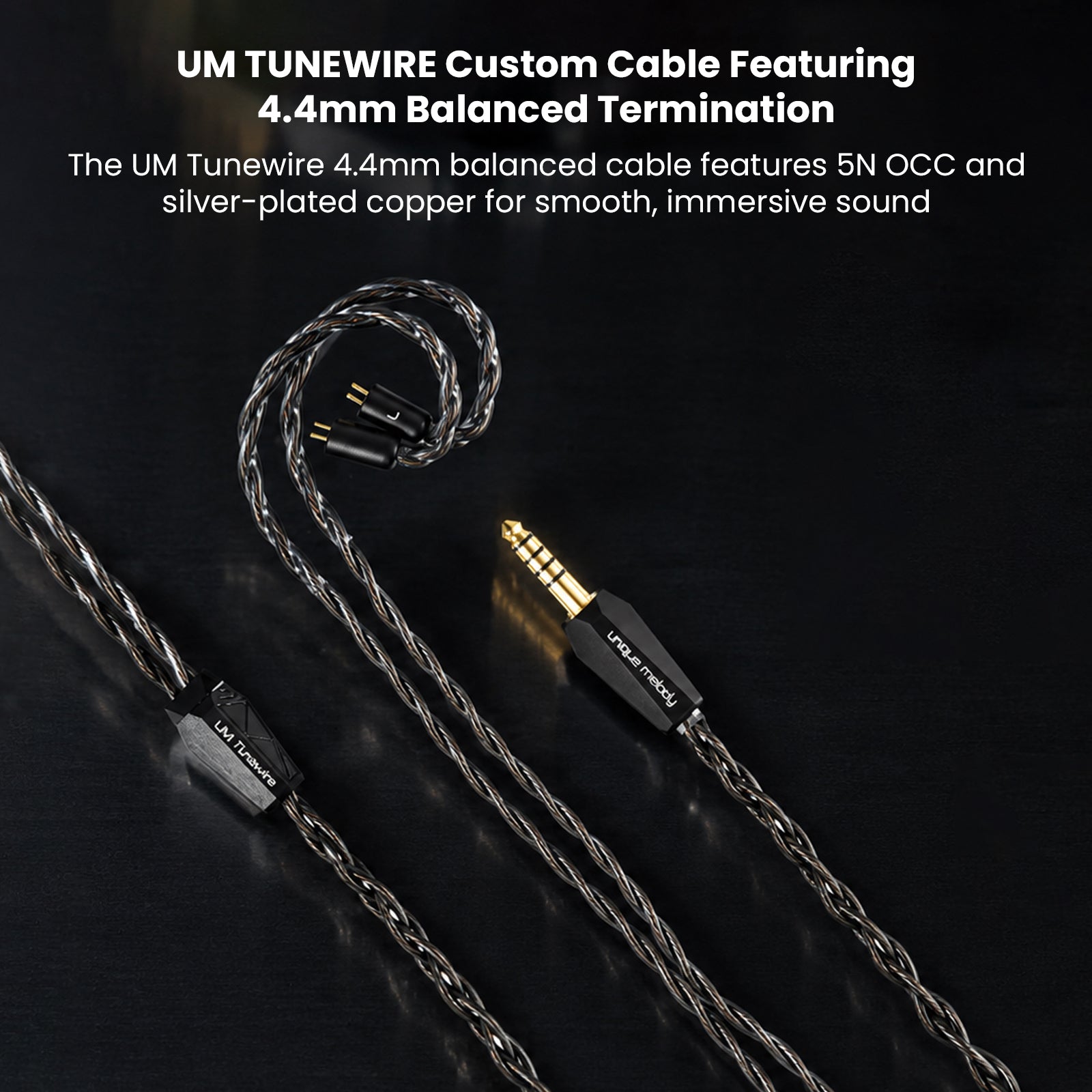 High-quality custom cable with 4.4mm balanced termination for audio devices