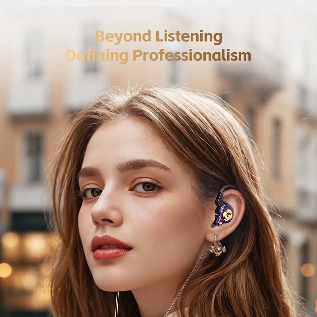 Model wearing QKZ-AK6 IEM in purple-blue, demonstrating ergonomic fit and professional-grade audio experience for daily use.
