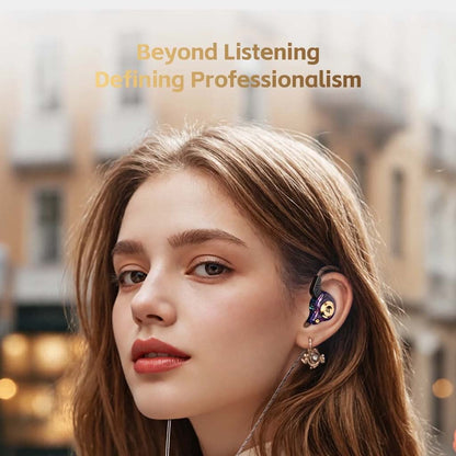 Model wearing QKZ-AK6 IEM in purple-blue, demonstrating ergonomic fit and professional-grade audio experience for daily use.