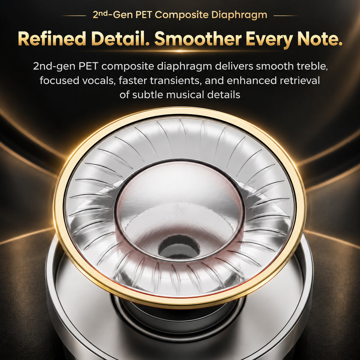 Detailed view of the in-ear monitor's driver unit with copper wiring and braided cable, emphasizing premium audio technology and craftsmanship.