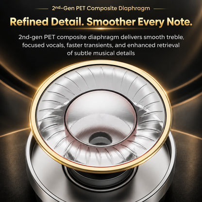 Detailed view of the in-ear monitor's driver unit with copper wiring and braided cable, emphasizing premium audio technology and craftsmanship.