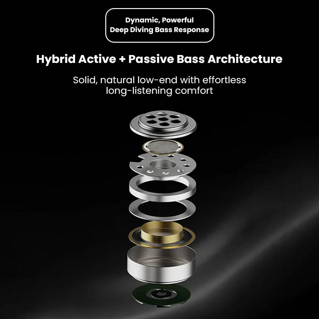 Hybrid bass driver architecture of BINARY – EP321 MEMS IEMs showcasing dynamic and passive components for deep bass response.