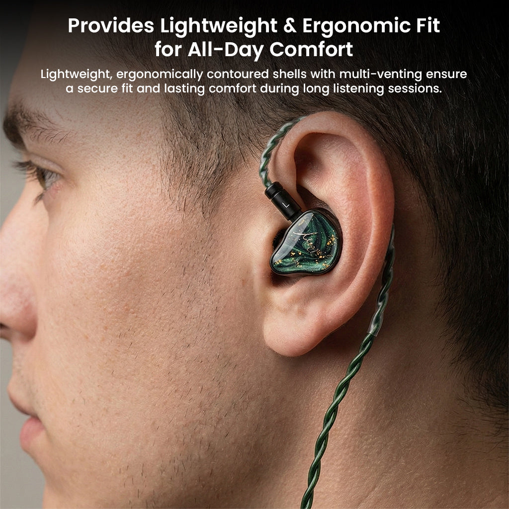XENNS - Mangird Tea Pro SE IEMs worn in-ear, showing ergonomic fit and lightweight design for all-day comfort.