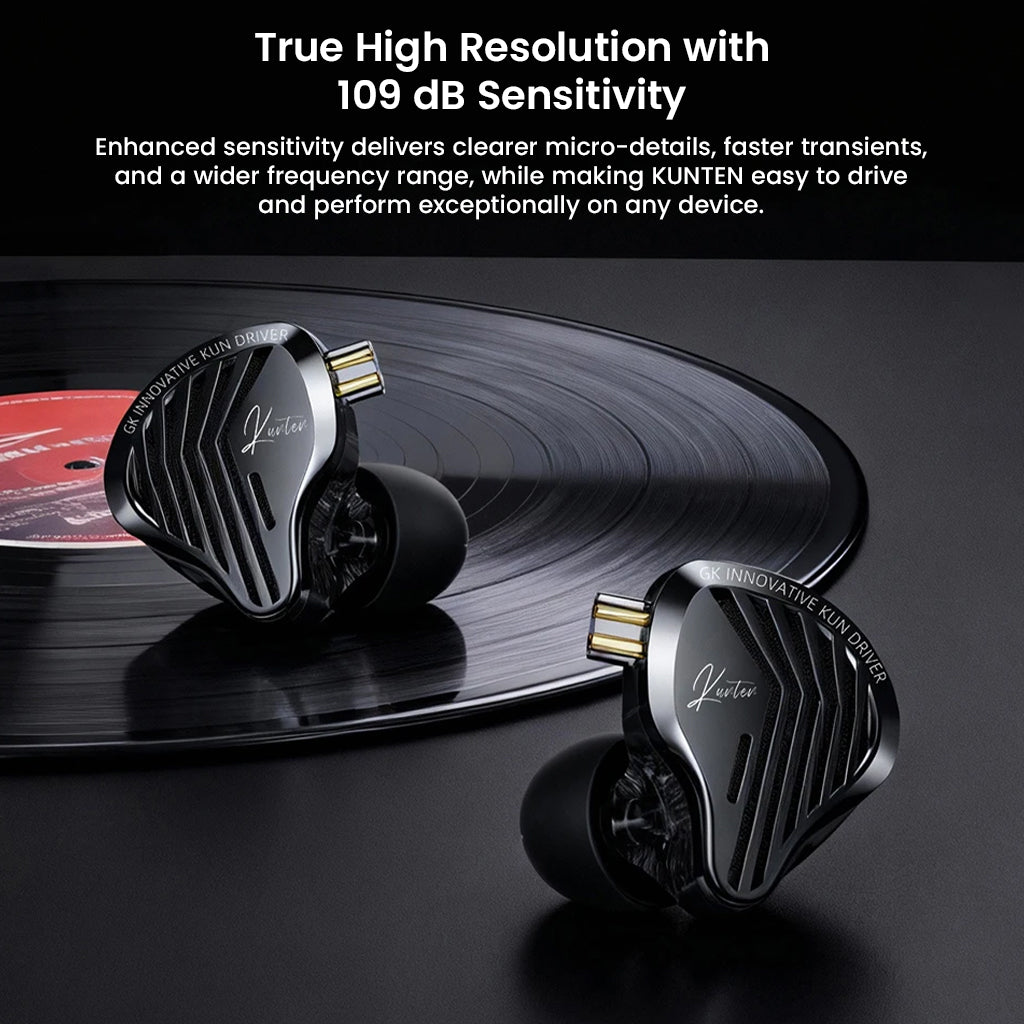 GK-KUNTEN IEMs on vinyl record, highlighting 109dB sensitivity for high-resolution audio and wide frequency response.