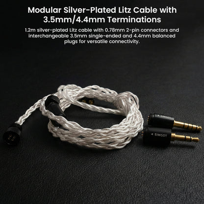 Modular silver-plated Litz cable with 3.5mm and 4.4mm terminations for SIMGOT SuperMix 5 offers versatile, high-quality audio connectivity.