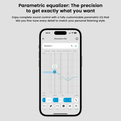 Sennheiser HDB 630 app interface showing customizable parametric EQ for precise sound tuning and personalized audio profiles.