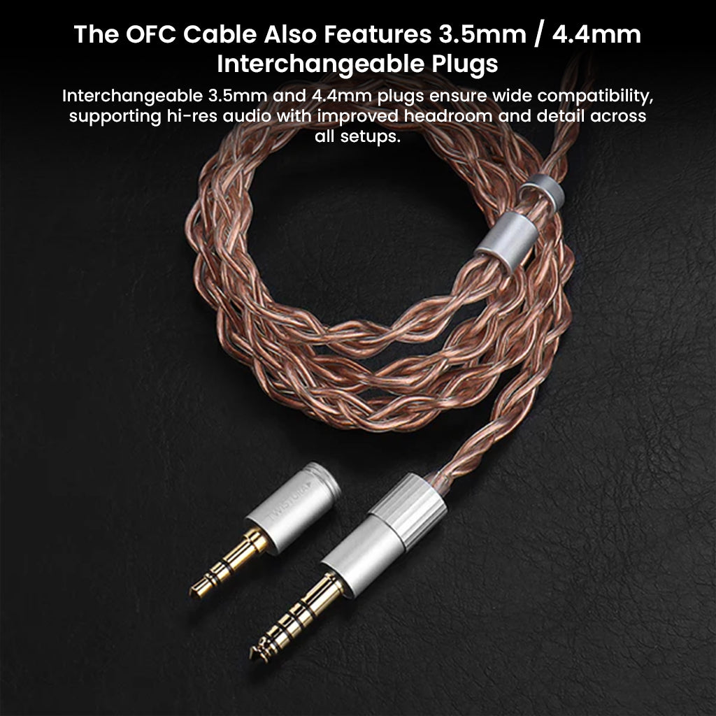 TWISTURA Beta IEM OFC cable with 3.5mm and 4.4mm interchangeable plugs for versatile high-resolution audio compatibility.