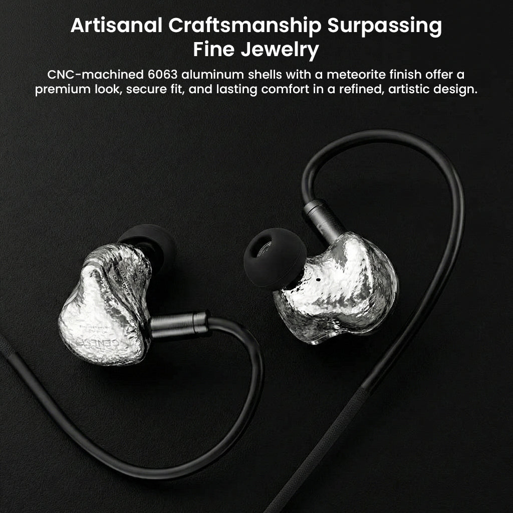 GENESIS G318s IEMs with jewelry-grade craftsmanship and artistic meteorite finish for a secure fit and luxurious audio experience.