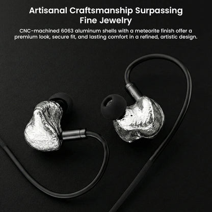 GENESIS G318s IEMs with jewelry-grade craftsmanship and artistic meteorite finish for a secure fit and luxurious audio experience.