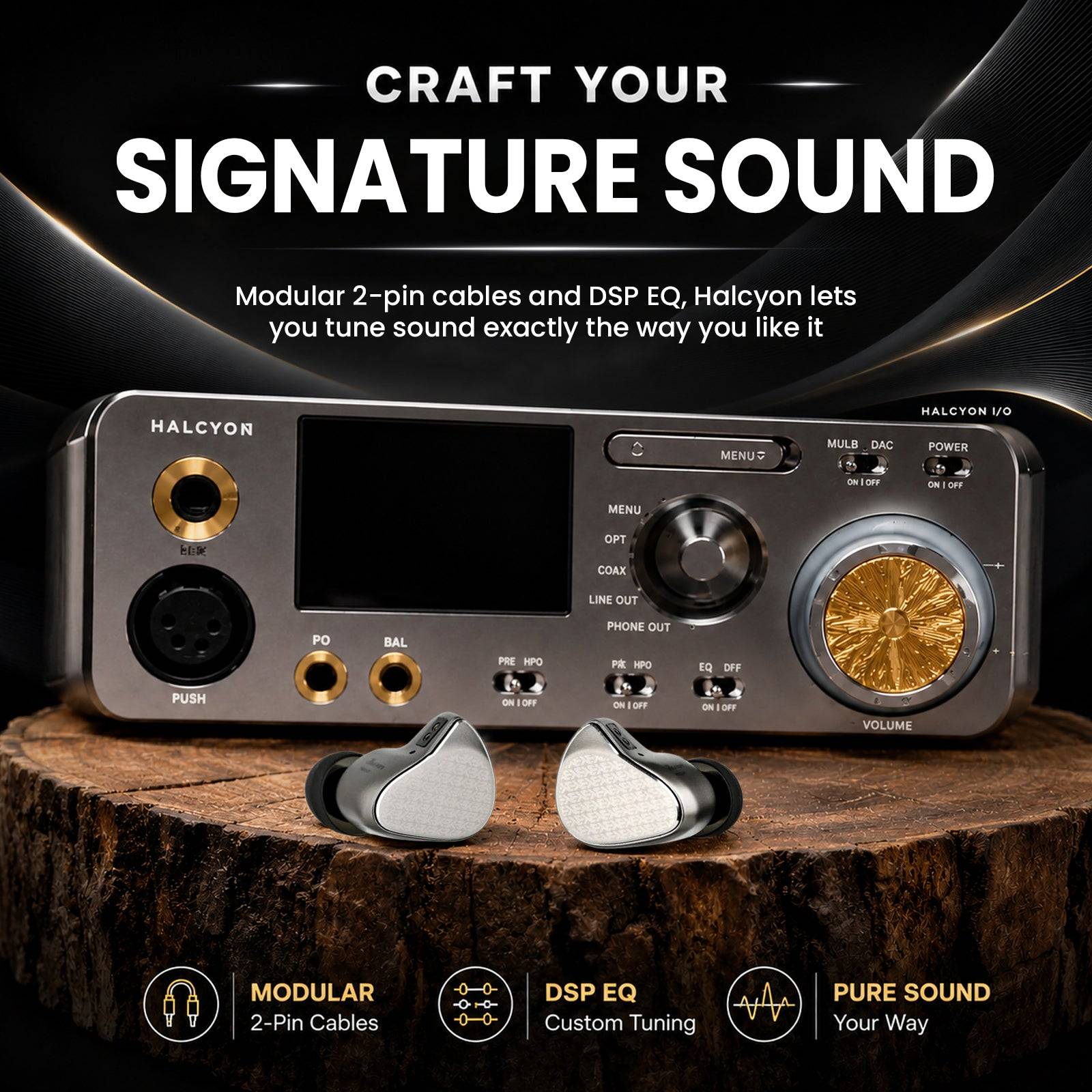 Disassembled high-end in-ear monitors showing internal components like drivers, aluminum shell, and custom balanced armature for precise sound