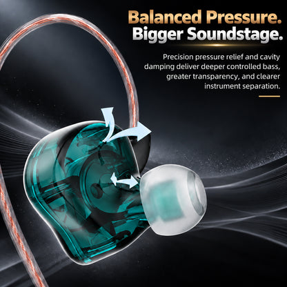 Detailed view of a transparent in-ear monitor with braided pink and white cable, connected to a black inline remote, emphasizing balanced pressure for bigger soundstage.