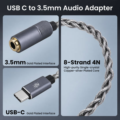 Detailed image of the USB C to 3.5mm audio adapter with gold-plated 3.5mm interface and high-quality braided cable, emphasizing durability