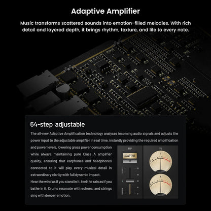 HiBy RS8II adaptive amplifier with 64-step adjustment, delivering dynamic and detailed sound with Class A and AB modes.