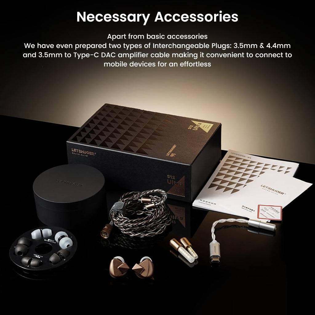 Full LETSHUOER S12 Ultra IEM package with accessories including cables, interchangeable plugs, and premium packaging.