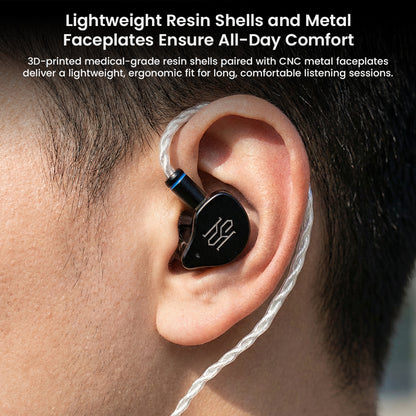 SIMGOT SuperMix 5 worn in ear, showing ergonomic resin shell and metal faceplate for lightweight, all-day listening comfort.