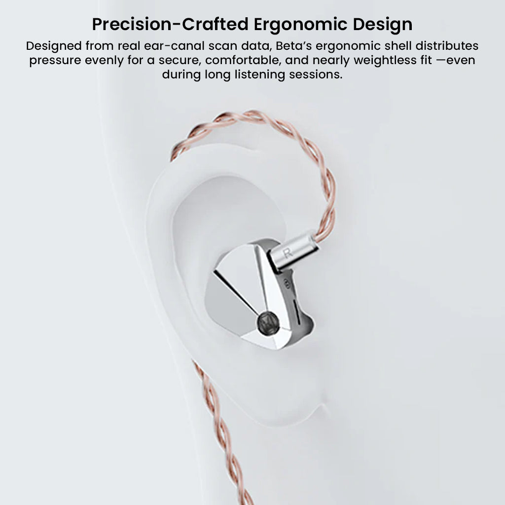 TWISTURA Beta IEM shown in ear with ergonomic shell design for secure, comfortable fit during extended listening sessions.