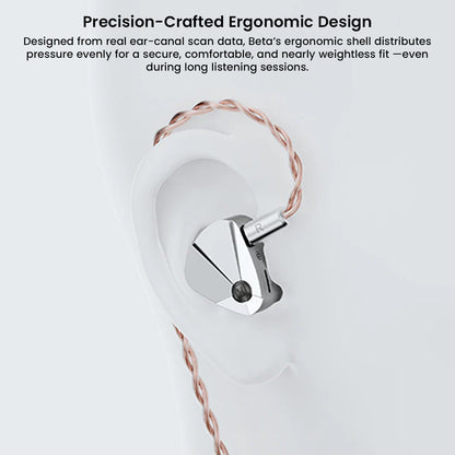 TWISTURA Beta IEM shown in ear with ergonomic shell design for secure, comfortable fit during extended listening sessions.